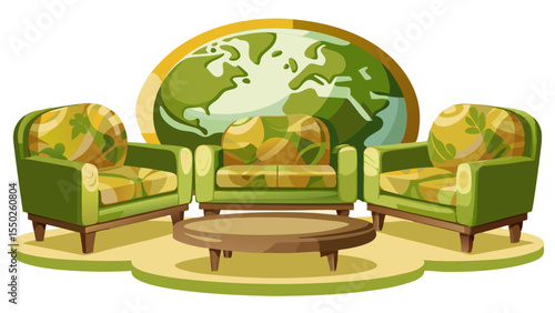 Earth-toned and grounding, these modern luxury lounge seats in olive green connect to nature. Isolated on white, the subtle depth and cozy design work beautifully for eco-inspired vector themes.