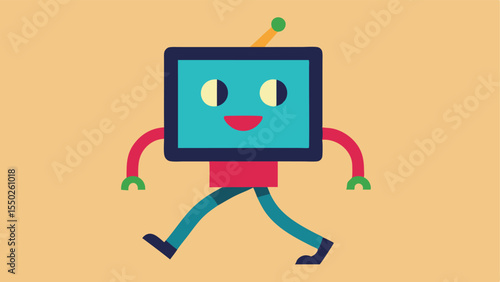 Curious Explorer A flatscreen TV with vibrant colors walking on two slender cartoonish human legs. The screen displays a dynamic array of channels with swirling news and cartoon