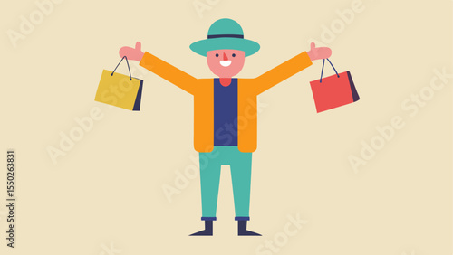 Creative Shopper A character stands confidently slightly turned to the side with a multitude of shopping bags spilling over their arms. The figure is adorned in a fun hat and