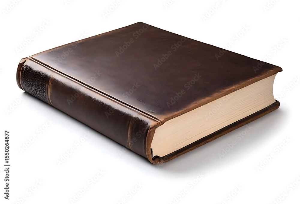 Antique brown leather bound book with aged paper pages isolated on white background Antique brown leather bound book with aged paper pages isolated on white background