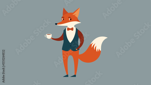 DressedUp Fox A cleverlooking fox stands upright wearing a tailored vest and a bow tie. Its bushy tail elegantly flicks behind it. The fox holds a cup of tea in one paw and sports