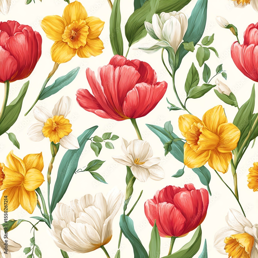 Obraz premium seamless classic tulip and daffodil garden pattern, old botanical illustration style, ivory background with faded coral and mustard blooms