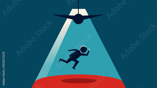 Desperate Measures A figure scrambling under a lowhanging structure to evade the spotlight with the helicopters rotor blades visible above.