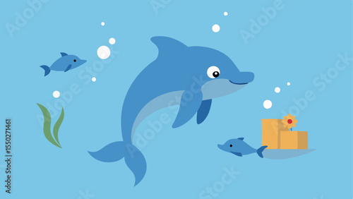 Dolphin and a School of Fish The dolphin is shown delivering packages to a group of curious fish. Each fish has a small parcel to collect and the dolphin playfully uses its nose to