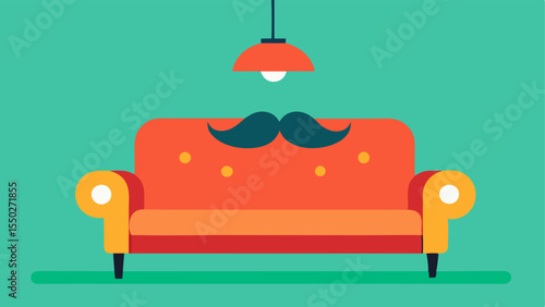 Bright and Playful Atmosphere A cheerful modern couch in a vibrant orange hue featuring a playful cartoonish mustache that curls at the ends. The couch is set against a backdrop of