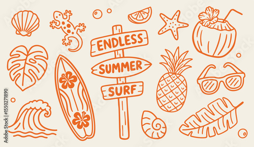 Hand drawn summer hawaii clipart set. Tropical doodles in naive style