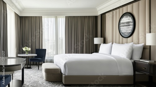 Luxurious suite at the Four Seasons hotel featuring plush bedding and a stunning city view