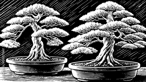 Bonsai trees with miniature form, curved branches, and textured roots in a ceramic pot, a black and white sketch vector hand drawn