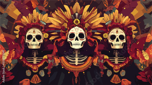 Day of the Dead Card with Catrinas and Skull