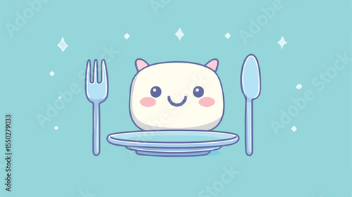 Cute Kawaii Style Vector Illustration of Dish and Cutlery