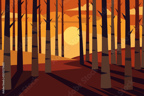 Here are a few options, choose the one that best fits your image:

Urban sunset paints ancient stone columns and trees with warm light

Golden hour descends on old church architecture, casting long sh