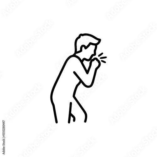 Man coughing while holding his chest in a minimalist outline design  