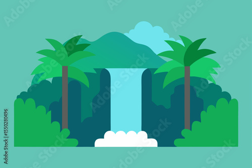 Serene Waterfall Paradise Lush Tropical Landscape with Palm Trees