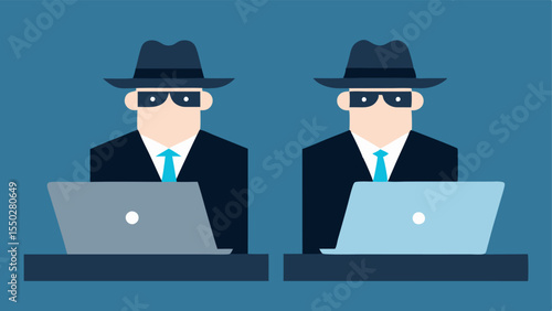 Digital Collaboration Two detectives sitting in front of laptops sharing screens and discussing findings with expressions of concentration and intrigue.