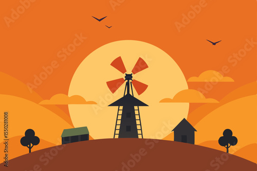 Sunset Landscape with Windmill Rural Scene Illustration