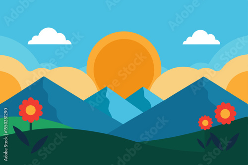 Vibrant Sunset Landscape Mountain Vista with Blooming Flowers