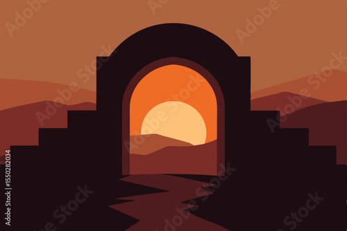 European city arches stand silhouetted against a vibrant red and orange sunset sky, creating a dramatic urban landscape