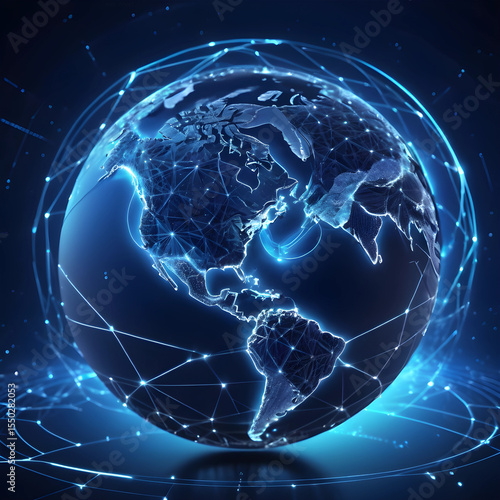 Abstract globe with glowing connections and data lines across continents, blue futuristic background, concept of global business and communication, 4K resolution, no text