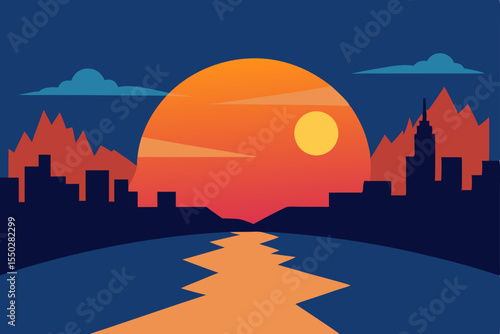 Urban city skyline silhouette at sunset with towering skyscrapers and dark architecture