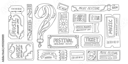 Set of outline music tickets and gig, hand drawn concert ticket, event pass illustrations, sketch style elements for live music flyers, posters, stickers, scrapbooking, and merch design