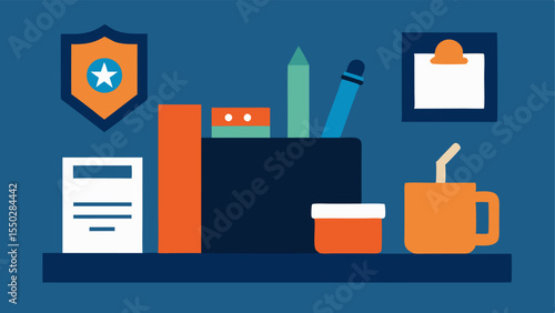 Desk Organizer An illustration showing the officers desk organizer with stationery incident report files and a badge prominently displayed.