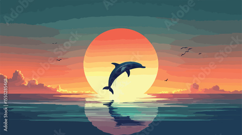 Dolphin Jumping Through Hoop Flat Vector Illustration