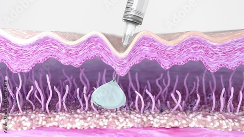 Skin collagen tissue regeneration after Biorevitalization or Platelet-rich plasma therapy. 3d animation shows the activation of the fibroblasts after anti-aging wrinkle smoothing injection