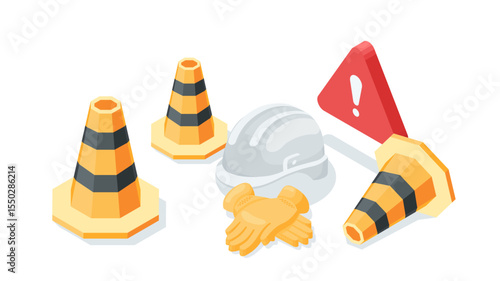 isometric vector concept with enclosing cones and construction helmet with exclamation mark in a red triangle on a white background, work or repair is underway