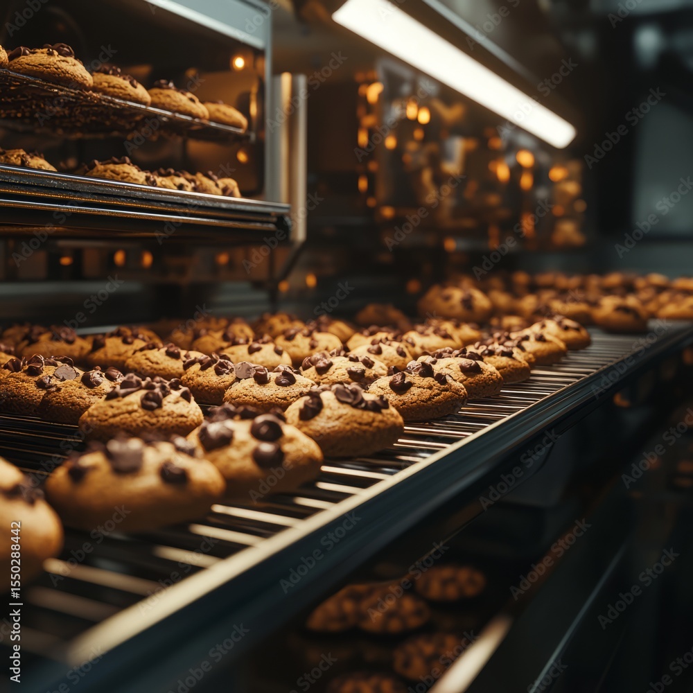 Freshly Baked Chocolate Chip Cookies: Close-up captures the irresistible allure of freshly baked chocolate chip cookies on a rack inside an industrial oven. Freshly Baked Chocolate Chip Cookies: Close-up captures the irresistible allure of freshly baked chocolate chip cookies on a rack inside an industrial oven.