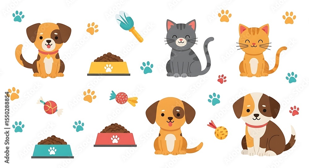 Obraz premium Cute Pets Vector Illustration – Cats and Dogs on White Background