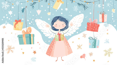 Elegant Dream Angel Greeting Card Design with Hanging Gold Stars