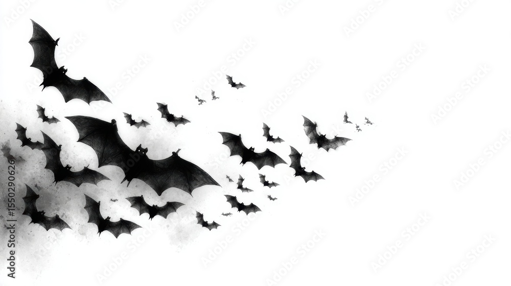 Obraz premium A group of black bats is flying through a misty white background, creating a spooky atmosphere perfect for Halloween themes, horror stories, or wildlife illustrations