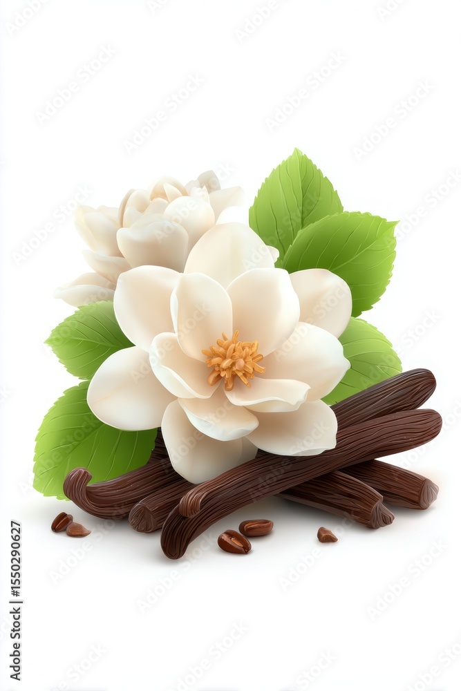 Fototapeta premium A beautiful arrangement of white flowers and green leaves sits atop dark vanilla pods, creating a visually appealing composition ideal for wellness, fragrance, or culinary themes,