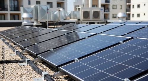 Close-up of rooftop solar panels on tall residential building with reflections of blue sky and clouds, ventilation unit in background