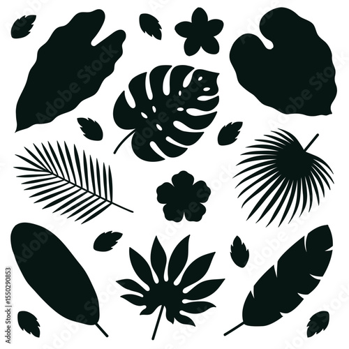 Vector set of black tropical leaves and flowers in silhouette minimal style. For botanical, nature, summer, decorative, vacation, holiday and eco-themed design projects. White isolated background.