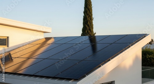 Close-up of sleek black glossy solar panels on roof of suburban house at golden hour, cypress tree in background, Israel