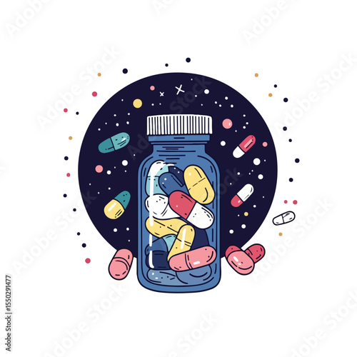 Colorful Drug Pills and Bottle Cartoon Vector Illustration