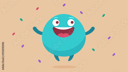 Bouncing Character A cartoonish character with a round body is joyfully bouncing in the air. Their head is tilted back showcasing an enormous toothy grin that stretches almost from