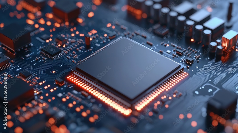 Close-up view of a computer microchip on a circuit board with glowing components highlighting its intricate design Close-up view of a computer microchip on a circuit board with glowing components highlighting its intricate design