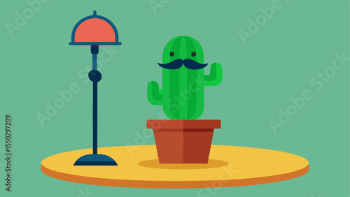 Dapper Cactus Illustrate a stout cactus with vibrant green tones and an elegant handlebar mustache extending on either side. The cactus is neatly positioned in a vintage clay pot