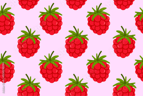 Vector seamless pattern of ripe red raspberries on soft pink background. Great for organic product branding, healthy food packaging, and berry-themed visuals
