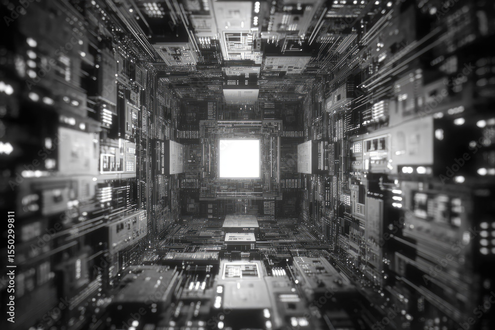 Obraz premium Futuristic circuit board tunnel with glowing center, digital minimalism, abstract technology, black and white, computational dreamlike atmosphere, sci fi concept
