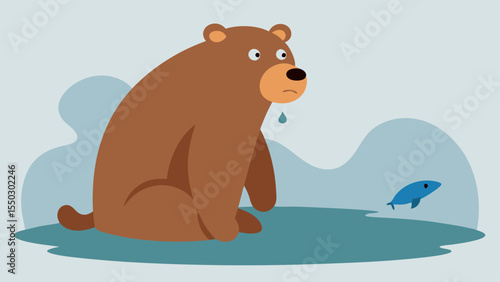 Disappointed Bear A bear sitting beside the stream looks utterly dejected as it watches a salmon leap just out of reach. Its mouth is in a frown and its ears droop sadly. In the