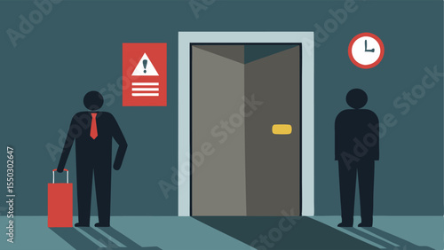 Exit Door Marking An illustration marking a door in the interrogation room with a Authorized Personnel Only sign next to the twoway mirror and a view of the investigators preparing