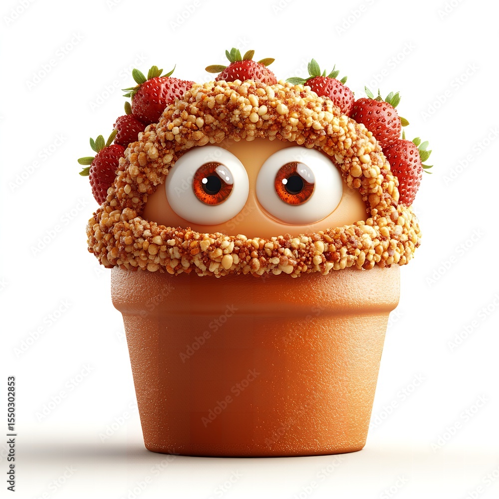 Cute Cartoon Character in Pot with Strawberries and Nuts Adorable 3D Render Cute Cartoon Character in Pot with Strawberries and Nuts Adorable 3D Render