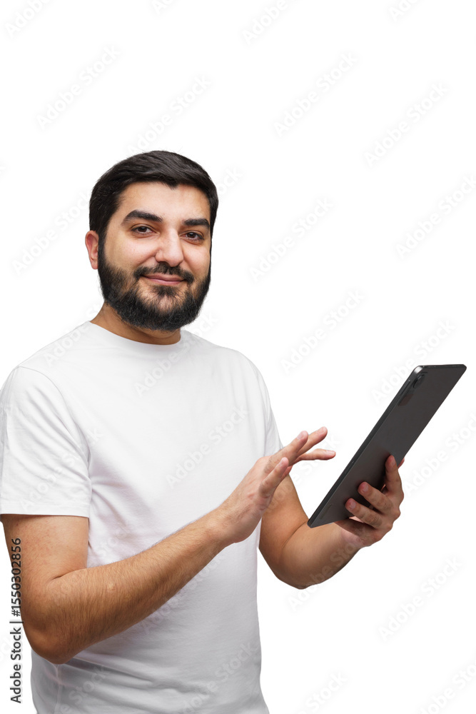 Man with beard, in white shirt, holding tablet and swiping, smiling in studio, demonstrates new technology for work, entertainment and socializing Man with beard, in white shirt, holding tablet and swiping, smiling in studio, demonstrates new technology for work, entertainment and socializing