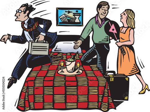 Comic-style woodcut illustration depicting the change in hotel guests from business travelers to vacationing couples. Features a businessman leaving as a couple checks in for a romantic stay. 