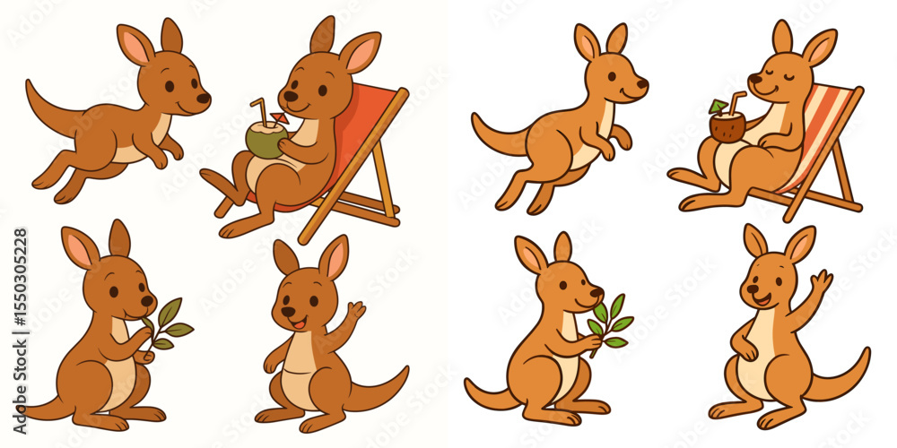 Obraz premium Cute Cartoon Kangaroos: Playful and Relaxing Vector Collection
