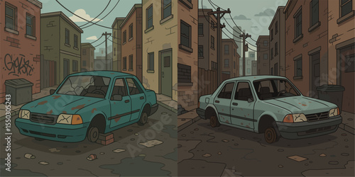 A Grungy Urban Scene with Abandoned Cars in Illustrative Style