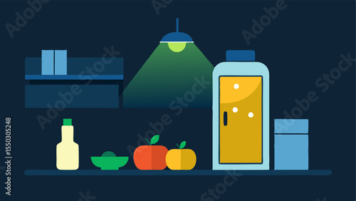 Cool Ambiance A minimalist illustration where the inside of a refrigerator is depicted with the door od just enough to let a stream of light illuminate a few key items like a